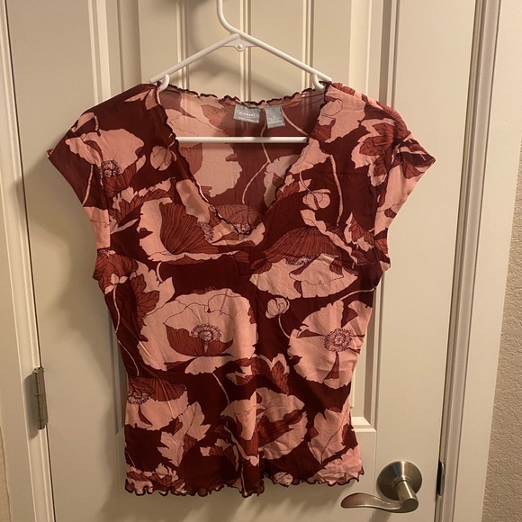 Old Navy Tops - Old Navy XL Juniors Top Nylon Stretch Blouse Floral Pink Burgundy Shirt